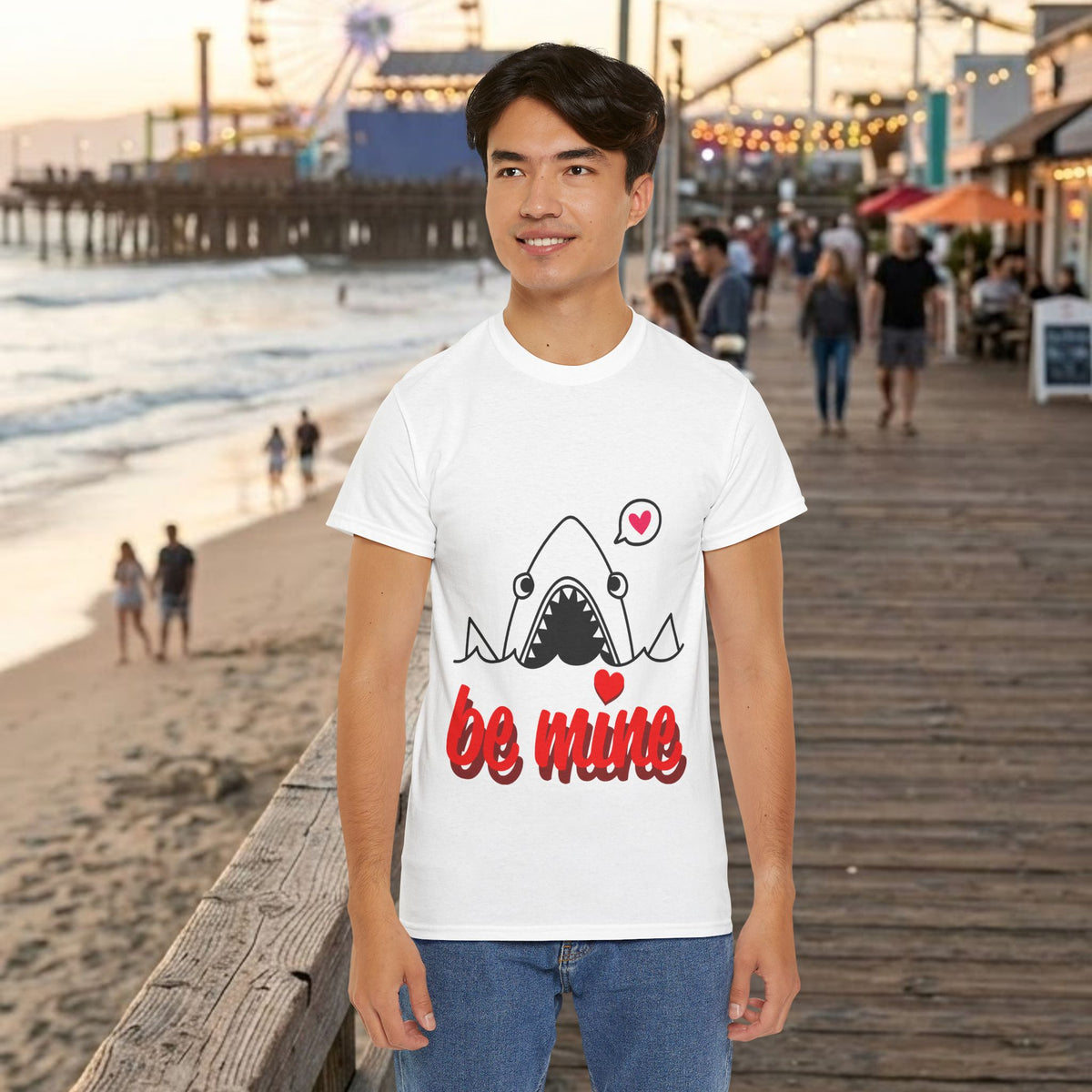 White crew-neck T-shirt with shark graphic and red "be mine" text