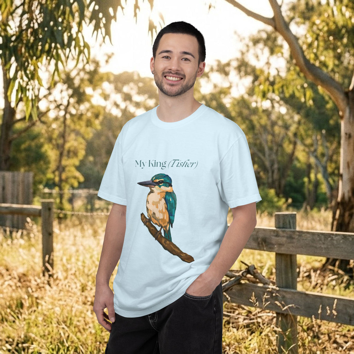 Light blue crewneck T-shirt featuring kingfisher bird chest graphic