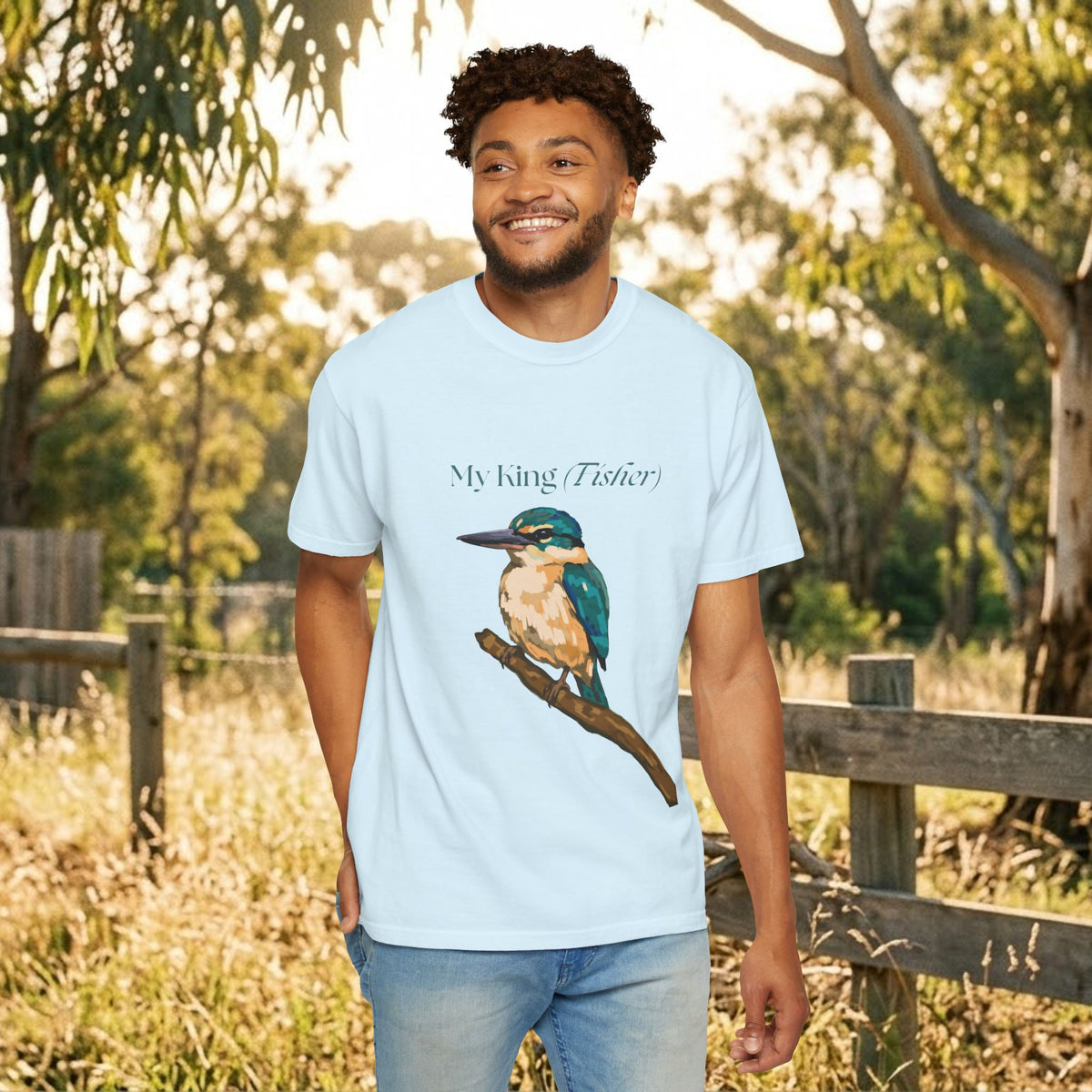 Light blue crewneck T-shirt with kingfisher bird chest graphic