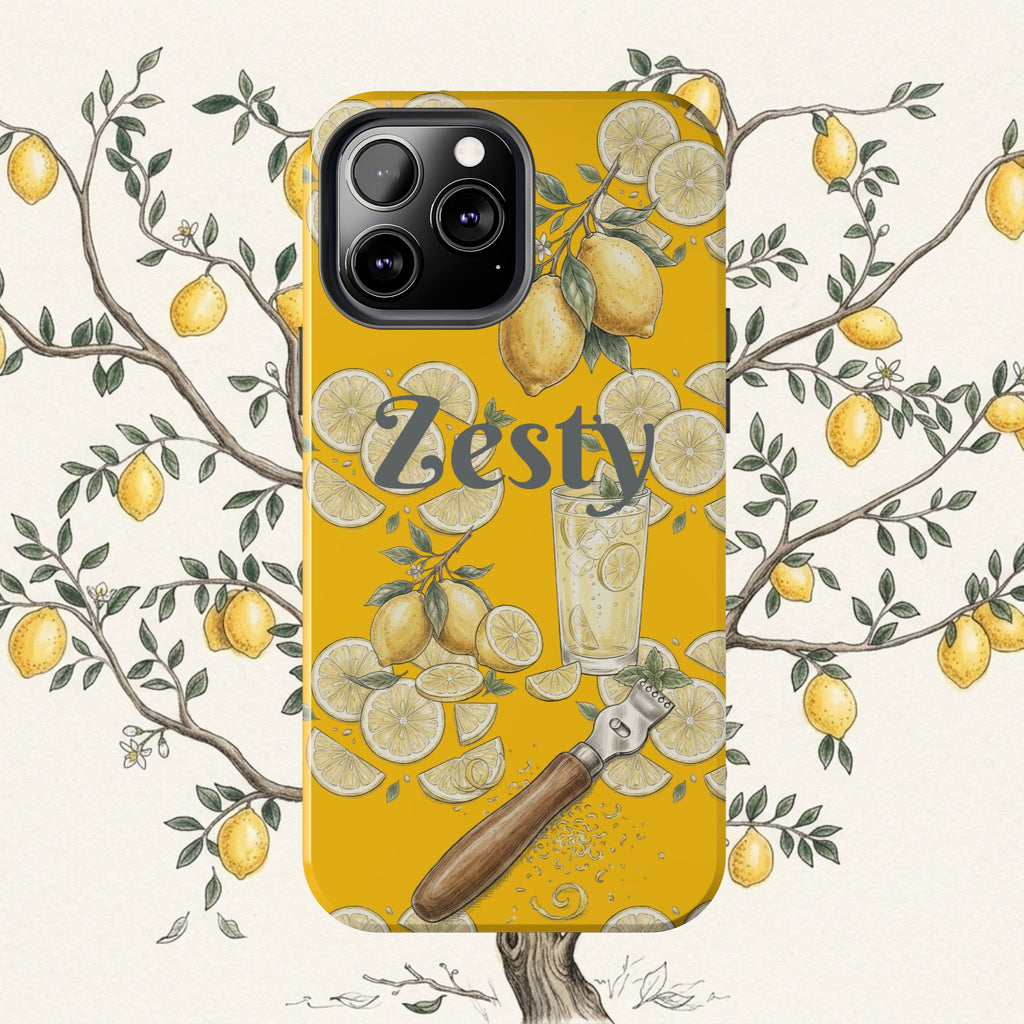Yellow tough phone case with lemon, lime and cocktail illustration; raised camera cutout.