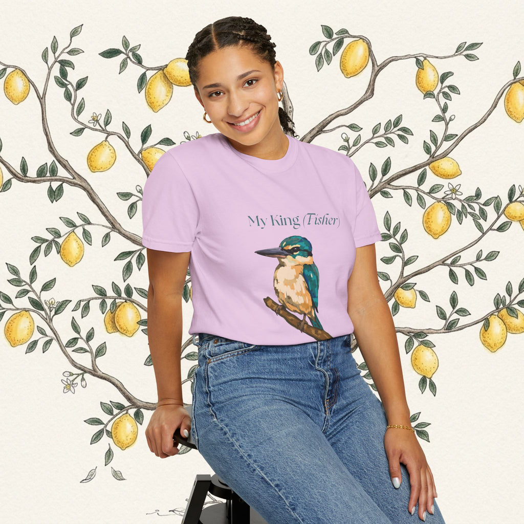 Lavender short-sleeve T-shirt with kingfisher bird graphic and text on front.