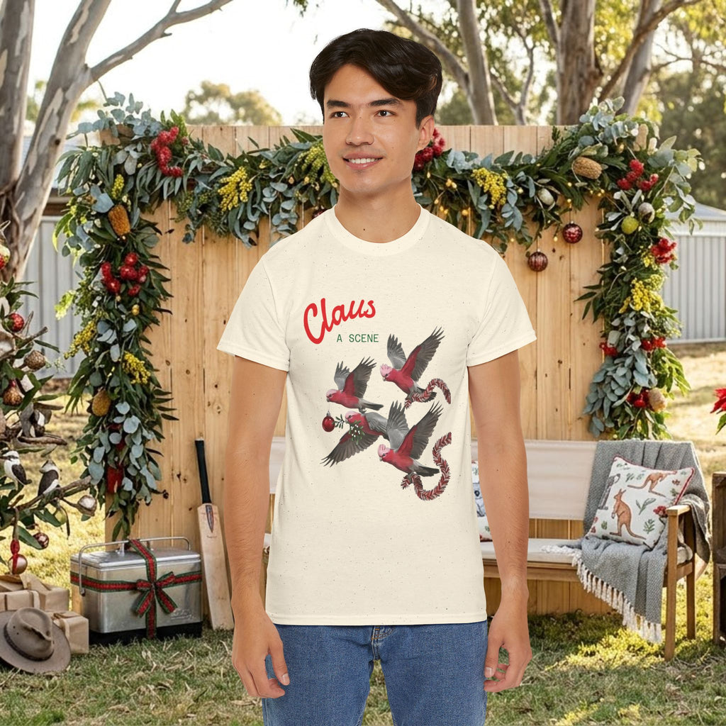 Natural (cream) Christmas T-shirt with “Claus” text and flying bird design