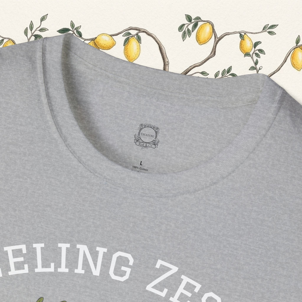 Light gray crewneck tee with citrus graphic near the neckline