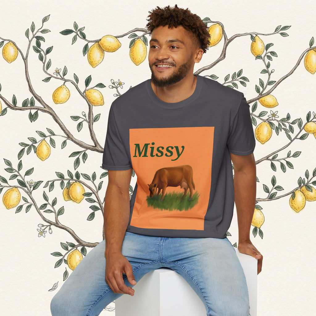 Dark gray cow graphic T-shirt with orange Missy square and grazing cow print