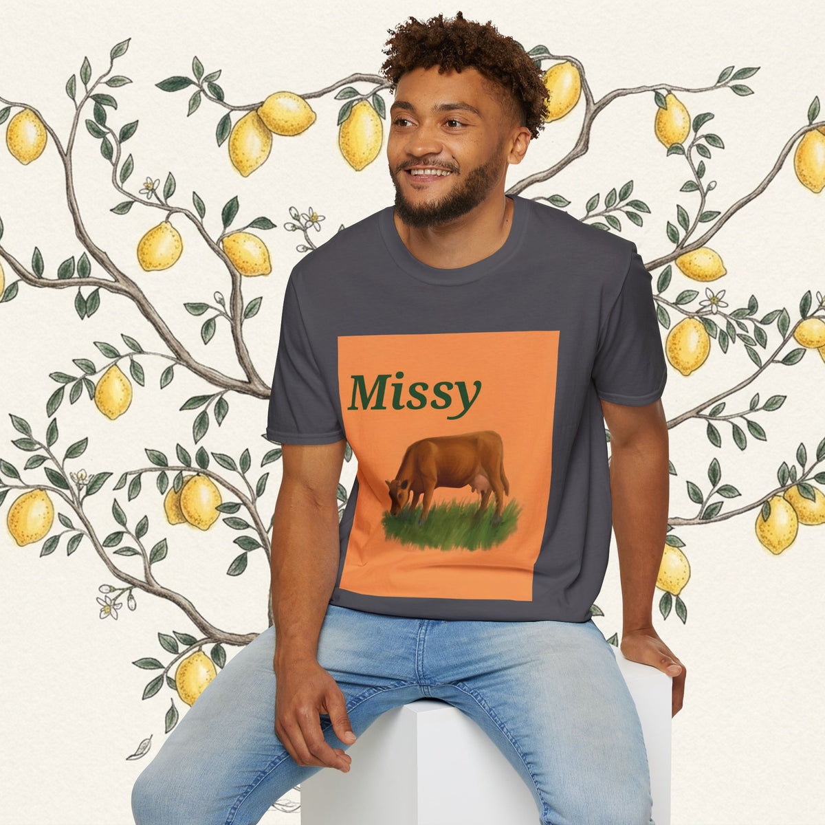 Dark gray cow graphic T-shirt with orange Missy square and grazing cow print