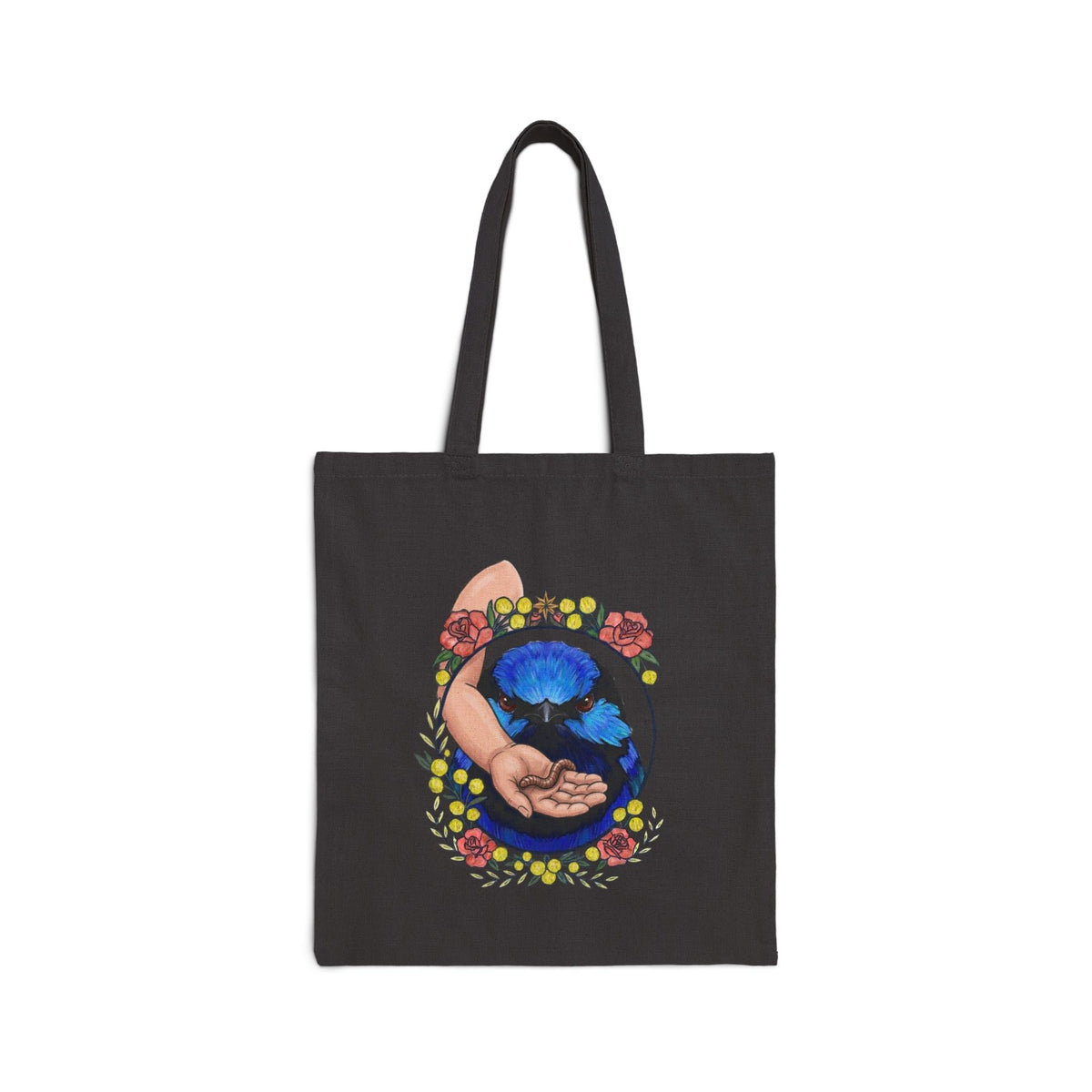 Black canvas tote bag with blue-toned hand-and-grubs graphic, long handles
