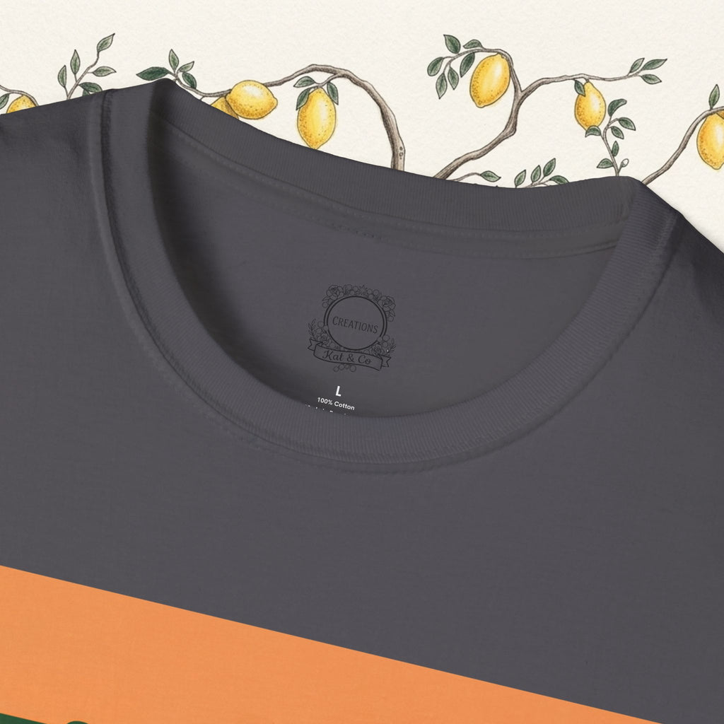 Charcoal crewneck T-shirt close-up showing back neckline logo