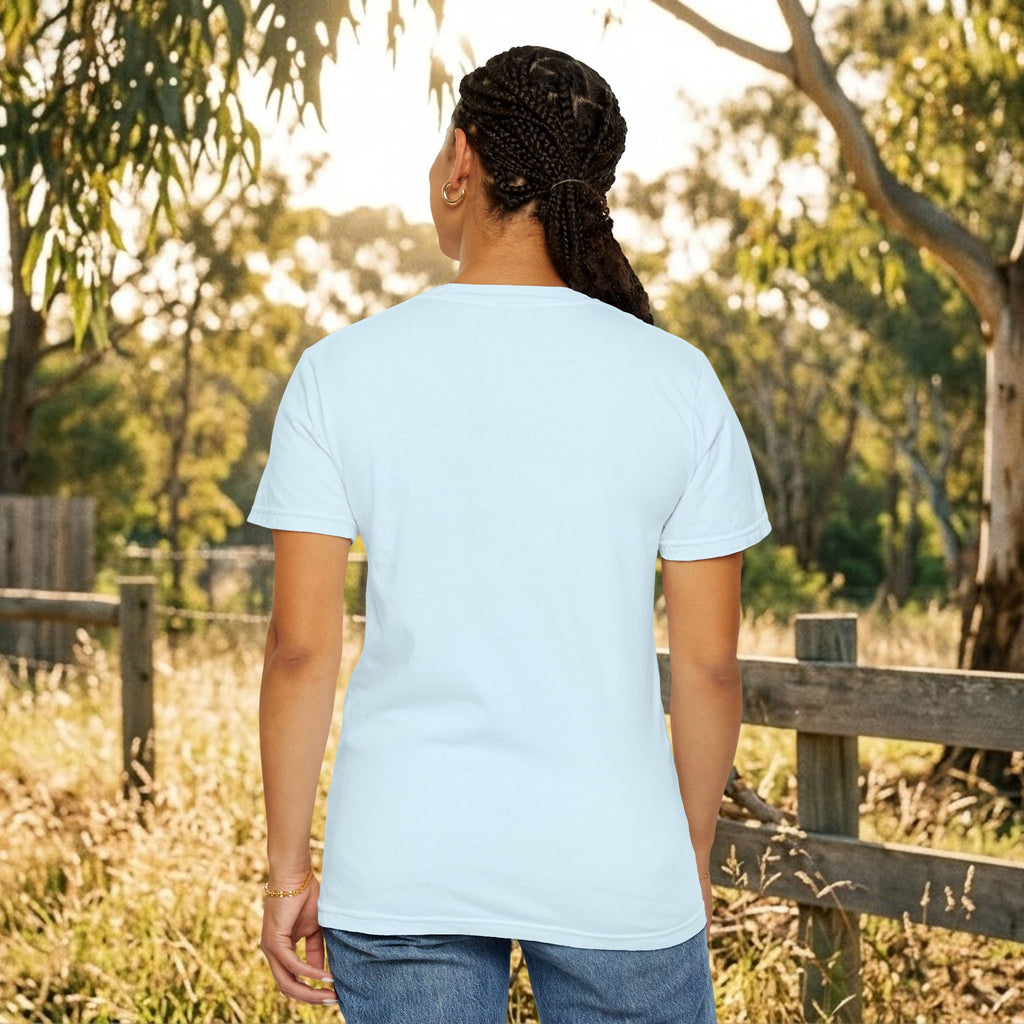 Light blue T-shirt back view, crewneck short sleeves
