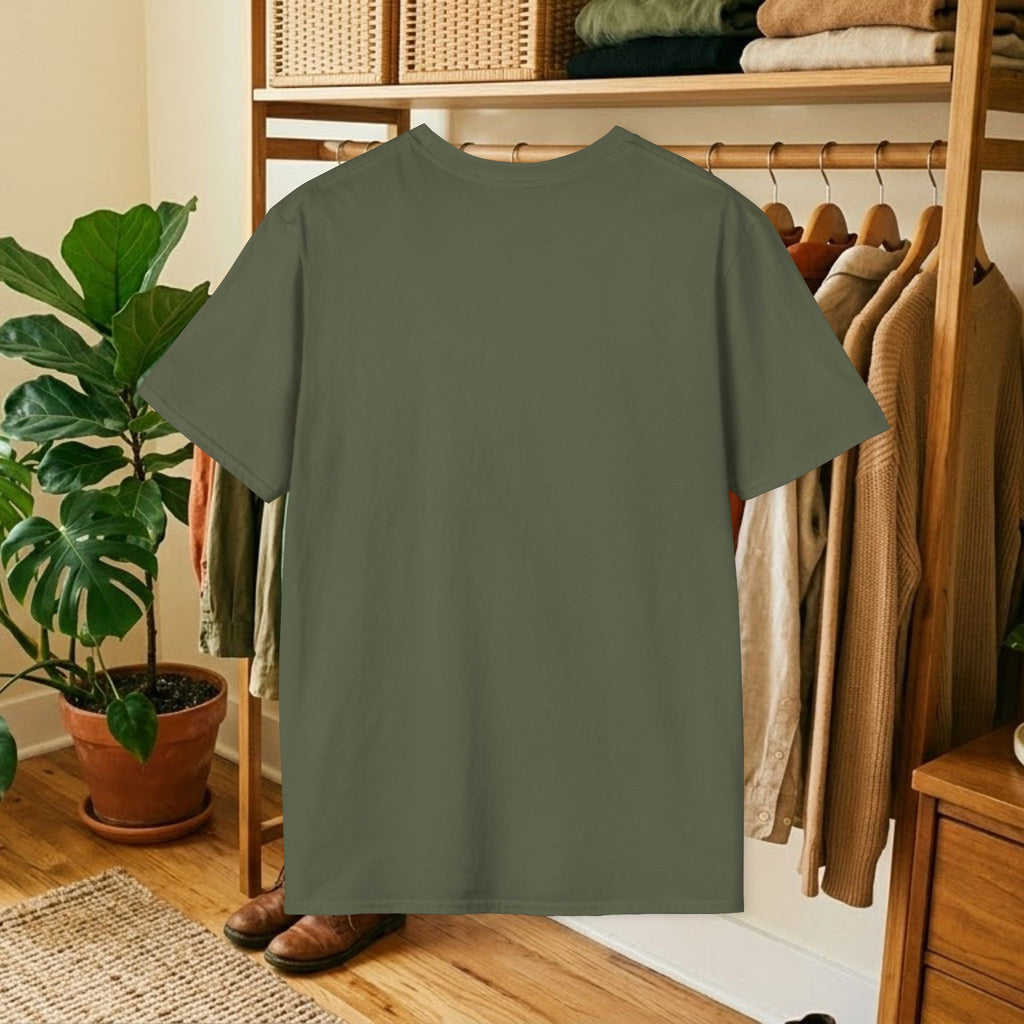 Olive green crew-neck t-shirt back view, plain fabric.