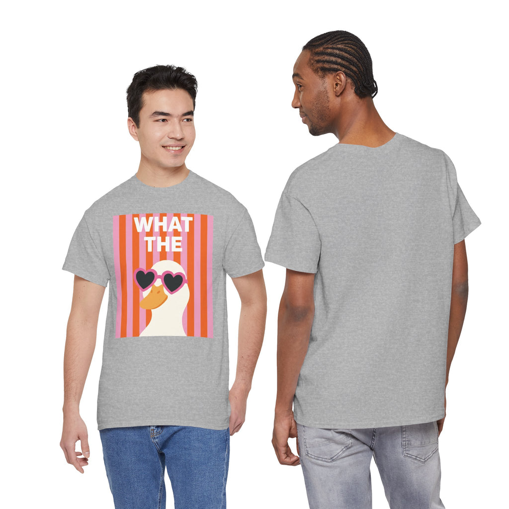 Heather gray T-shirt with duck heart sunglasses graphic, front and back views