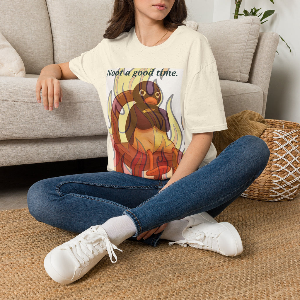 Cream tee with duck-in-flames graphic and 'Noot a good time' text on front