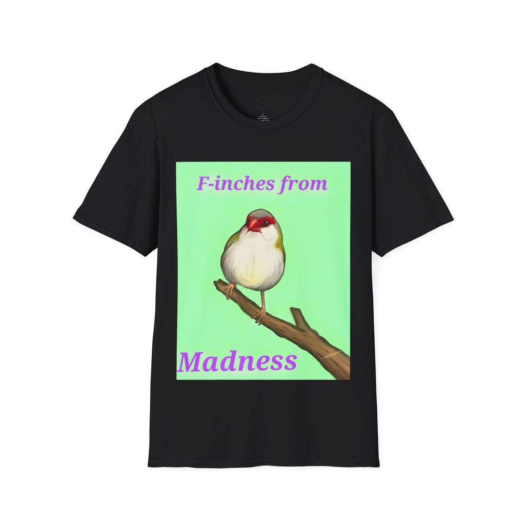 Black T-shirt with red-and-white bird graphic and pink “Madness” text
