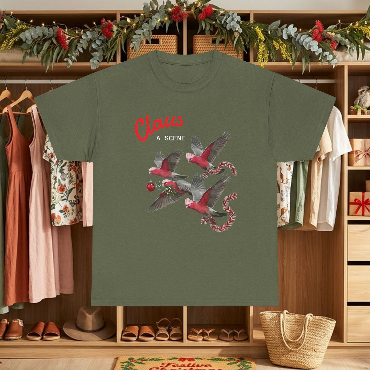 Military green Christmas graphic tee with “Claus” text and red flying bird scene