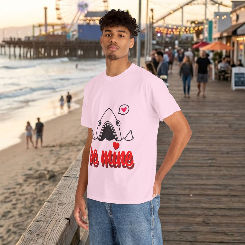 Light pink shark T-shirt with 'be mine' text and hearts, model front view