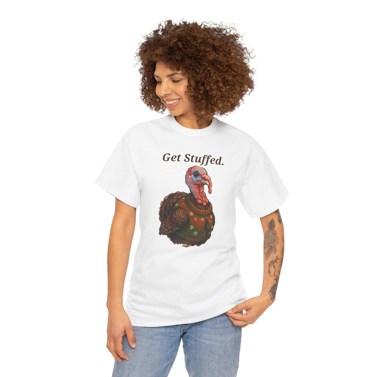 White Get Stuffed turkey graphic tee with “Get Stuffed.” front text and turkey art