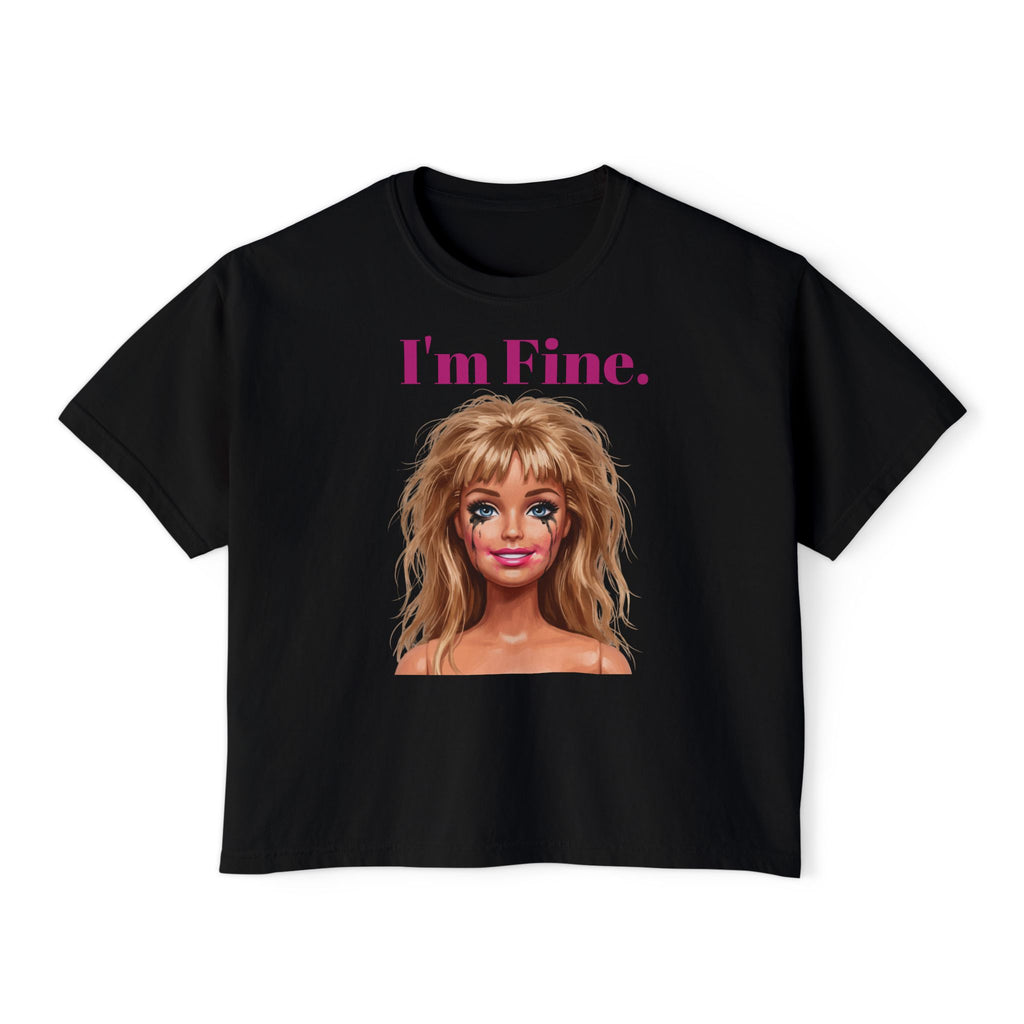 Boxy black graphic tee with “I’m Fine.” text and doll face portrait print