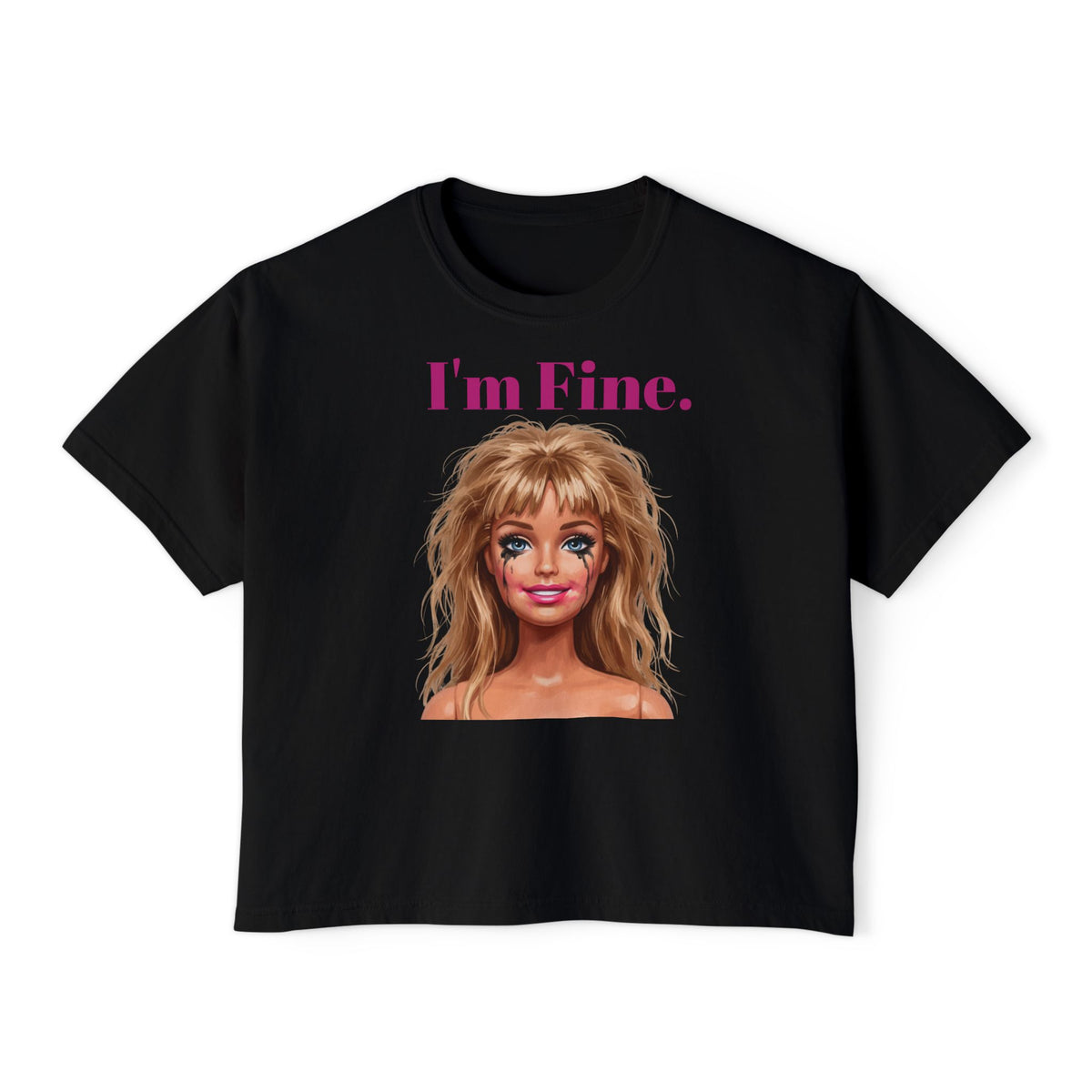 Boxy black graphic tee with “I’m Fine.” text and doll face portrait print