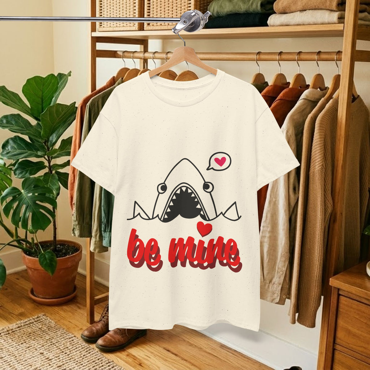 White T-shirt on hanger with shark artwork and red 'be mine' text with heart icon.