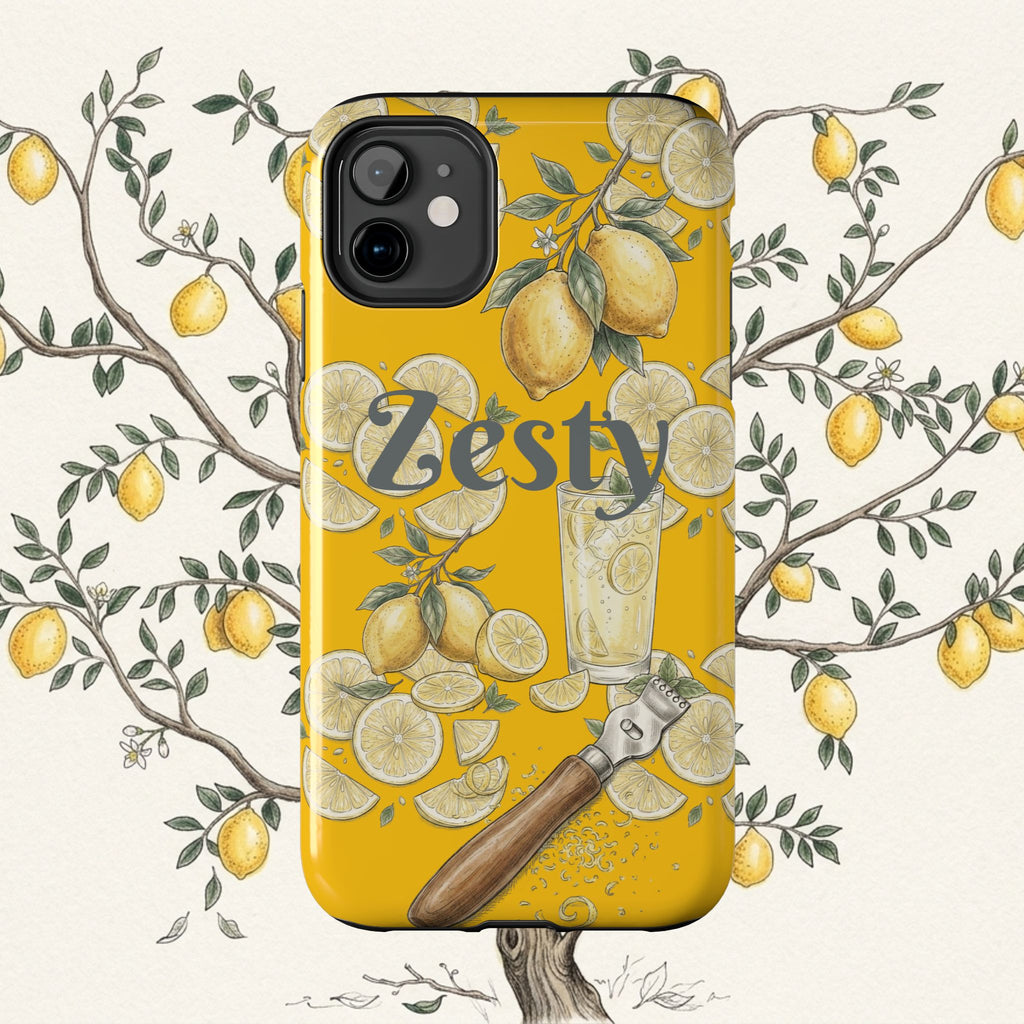 Yellow tough phone case with lemon, lime and cocktail illustration; raised camera cutout.