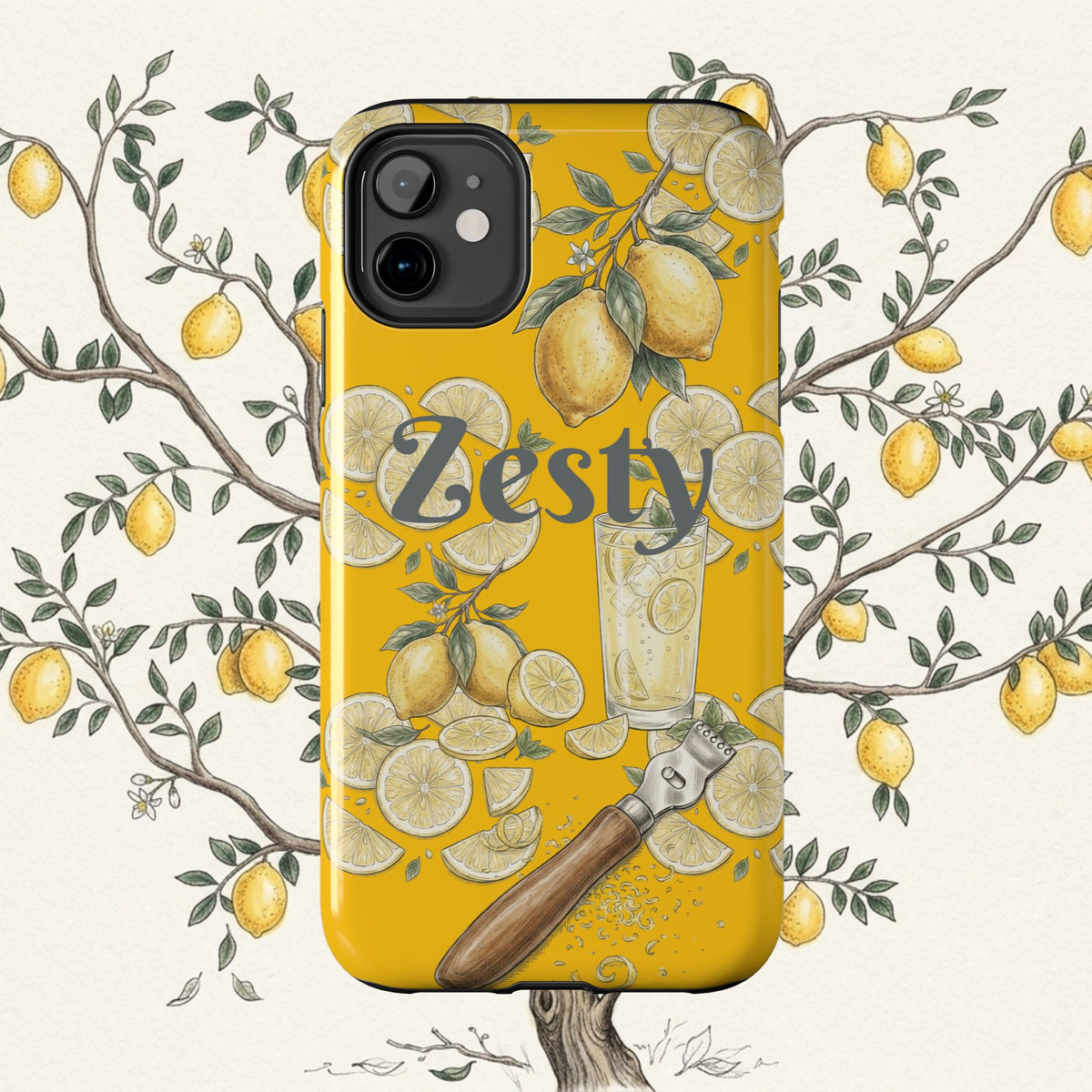 Yellow tough phone case with lemon, lime and cocktail illustration; raised camera cutout.