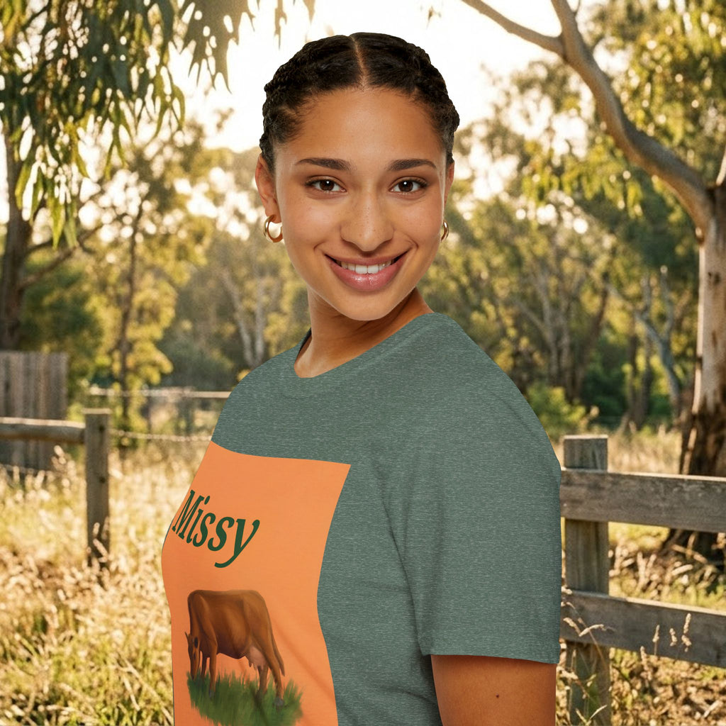 Green crewneck T-shirt with orange “Missy” cow graphic panel