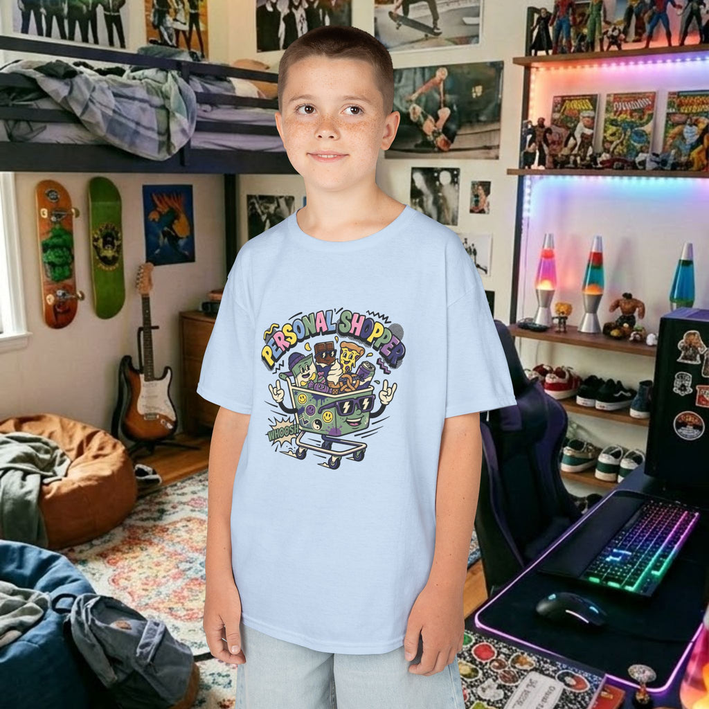 Kids light blue graphic tee with colorful “Personal Shopper” cartoon print