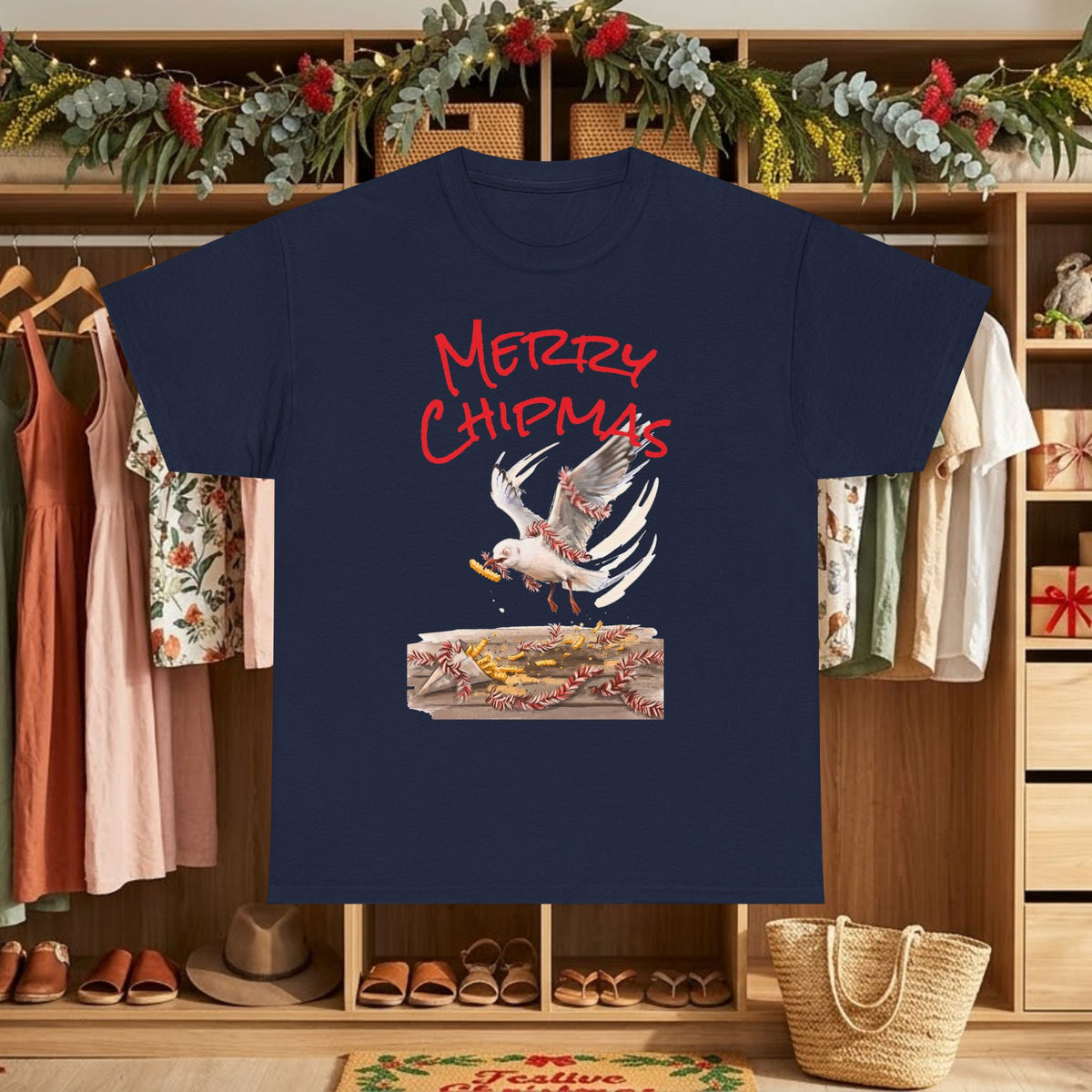Navy Christmas graphic T-shirt with "Merry Chipmas" seagull illustration