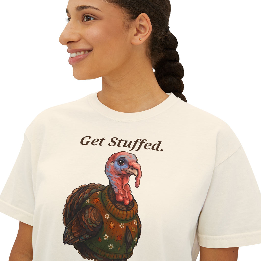 Ivory “Get Stuffed.” turkey graphic T-shirt close-up, crew neck, short sleeves