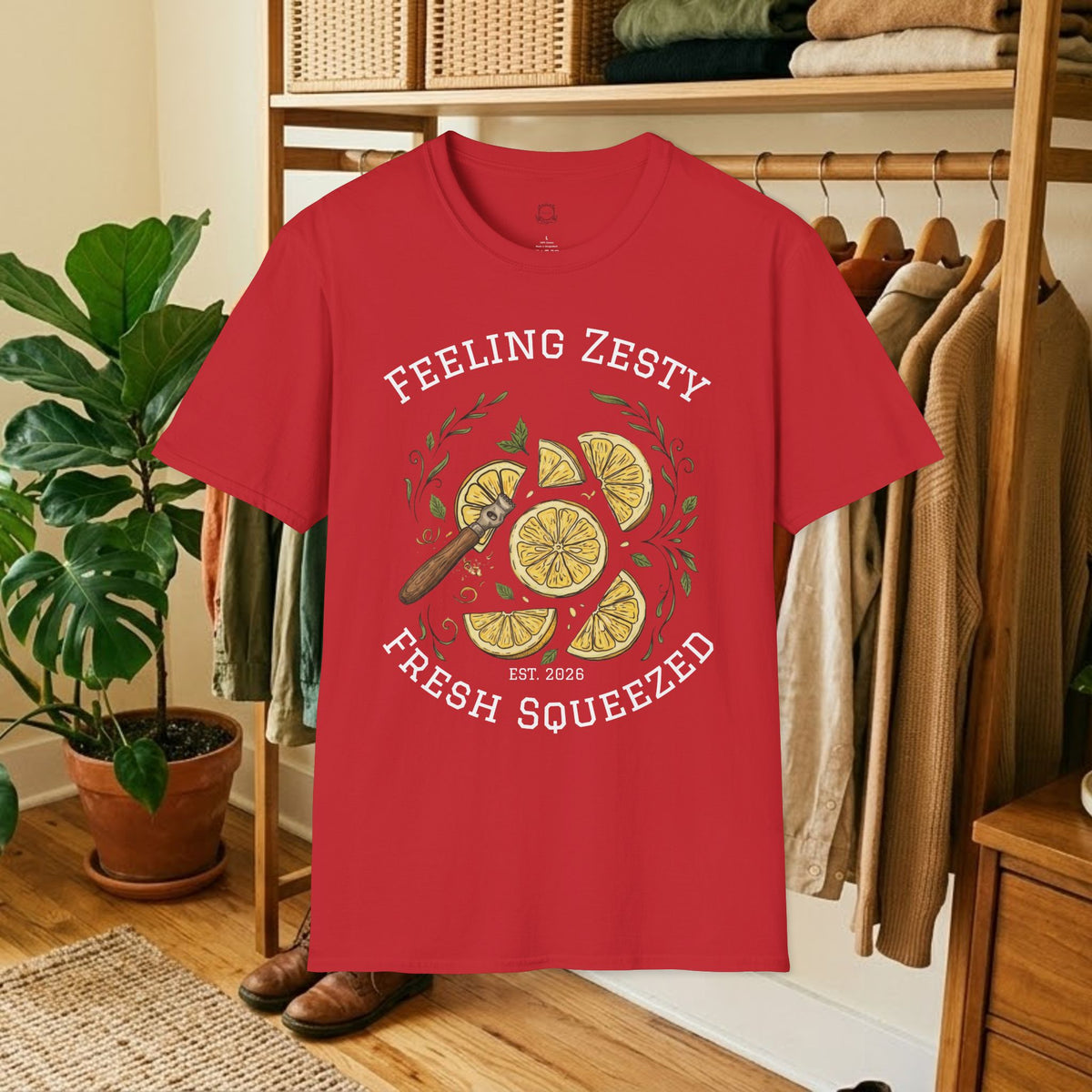 Red graphic tee with lemon slice illustration and "Feeling Zesty" text