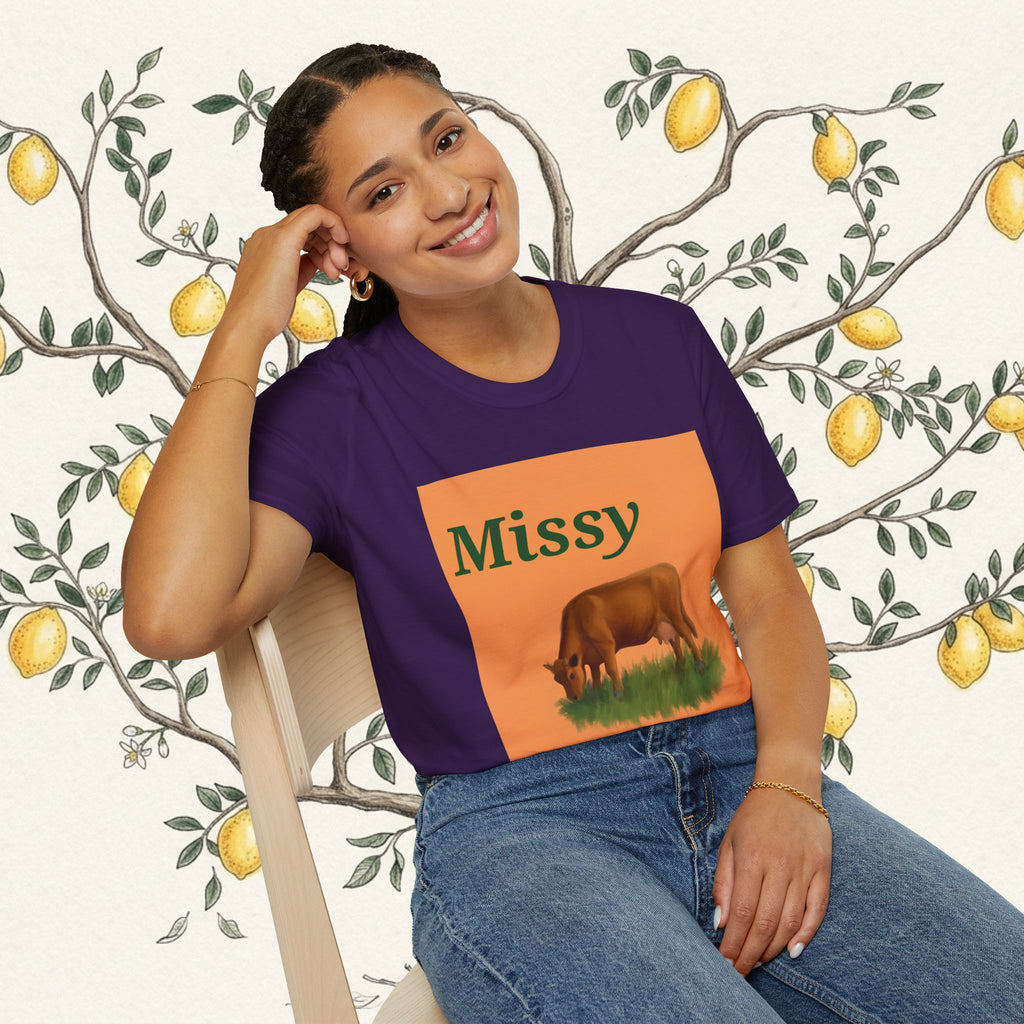 Purple cow graphic t-shirt with orange square front print and Missy text