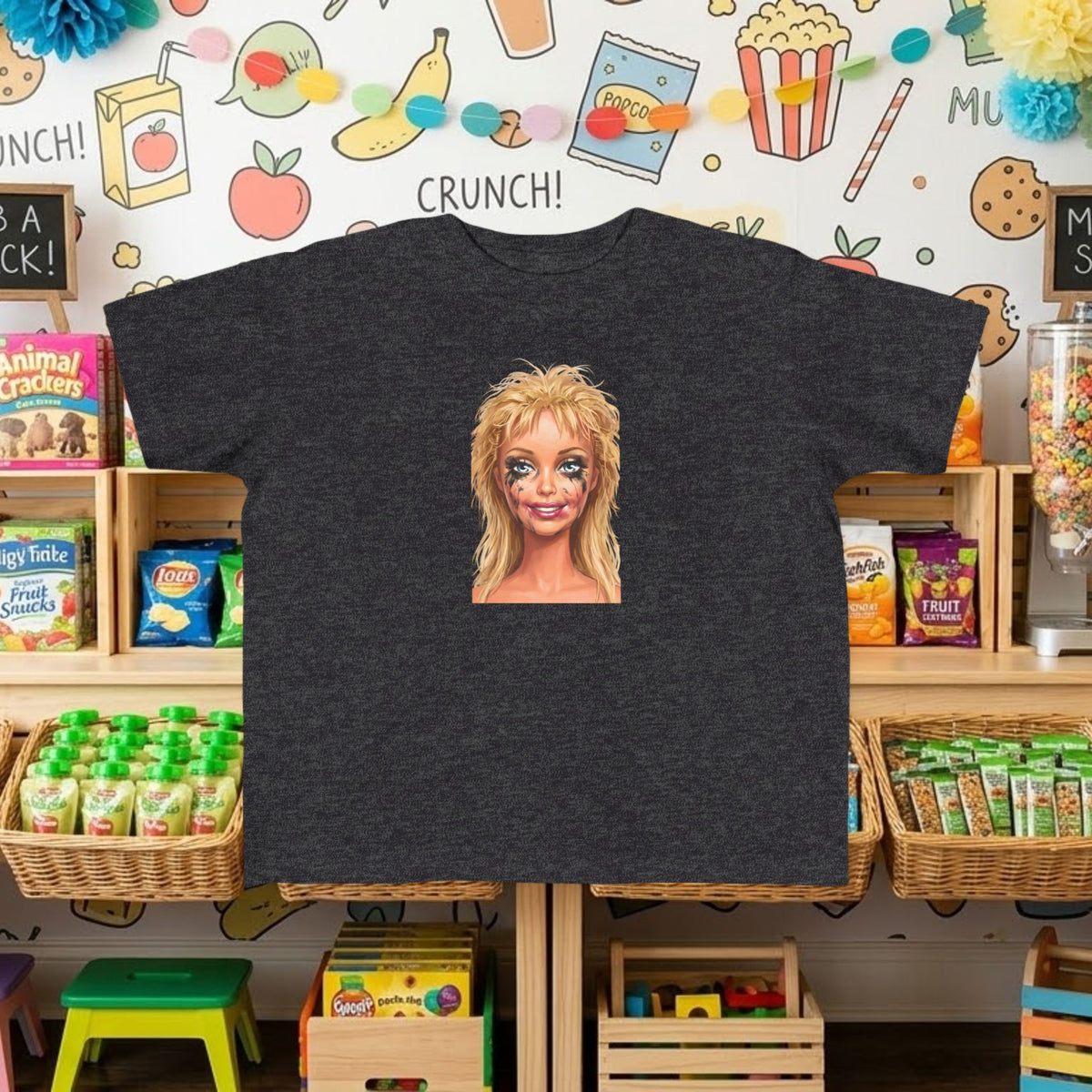 Dark gray toddler tee with smudged doll face graphic print on front