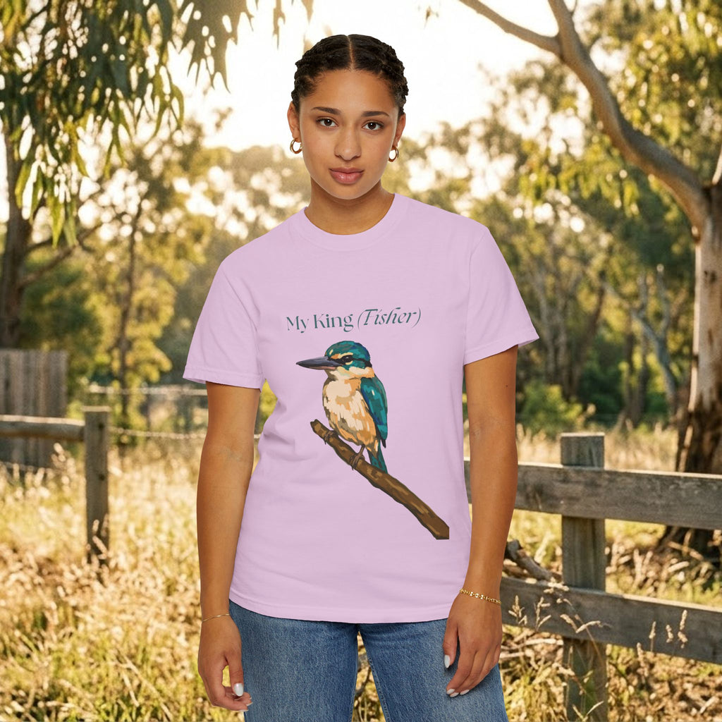 Lavender short-sleeve T-shirt featuring a kingfisher bird graphic on the chest.