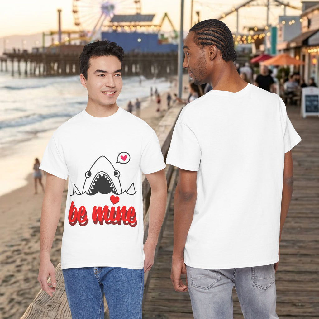 White crew-neck T-shirt, shark graphic on front; plain back view