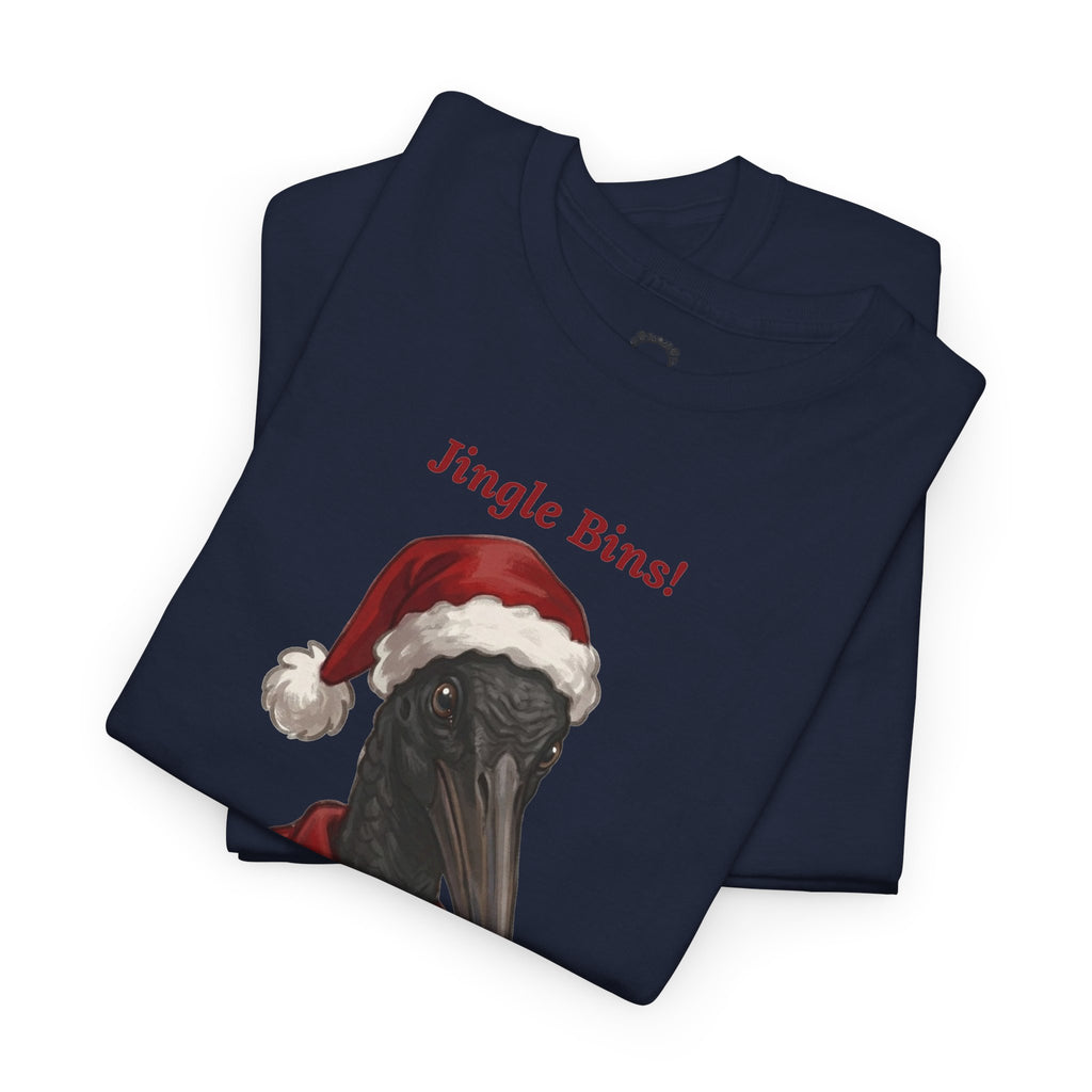Navy crewneck t-shirt with “Jingle Bins!” Santa bird graphic on chest