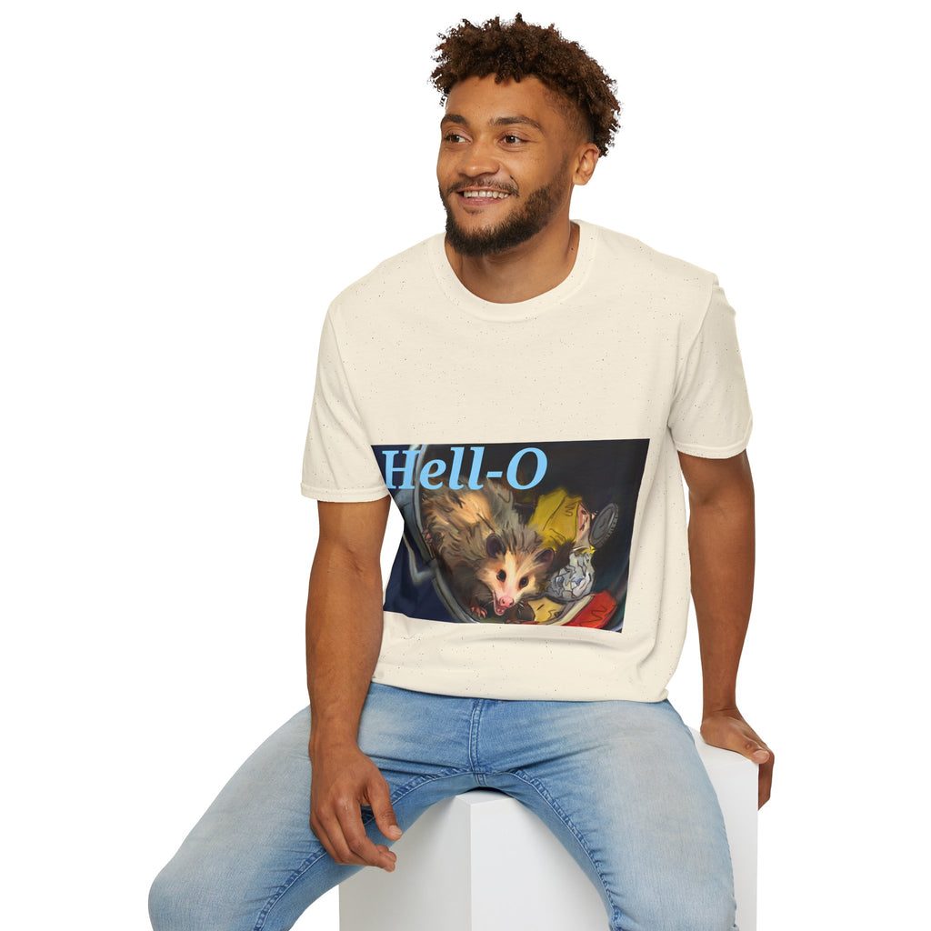 White T-shirt worn by model, featuring “Hell-O” and an opossum illustration front