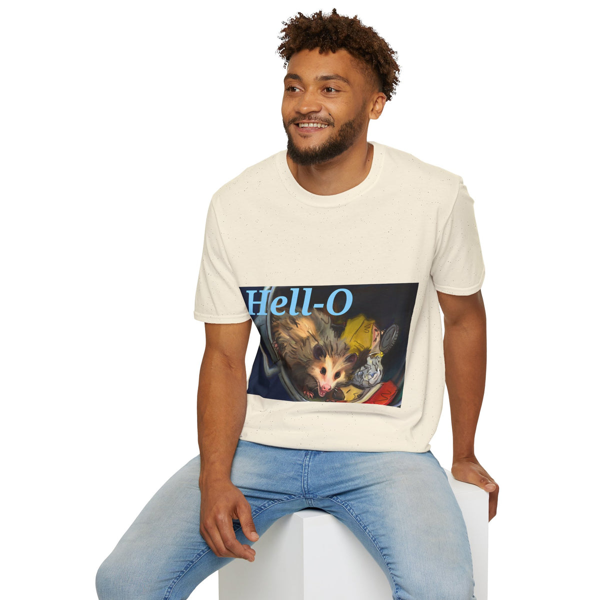 White T-shirt worn by model, featuring “Hell-O” and an opossum illustration front