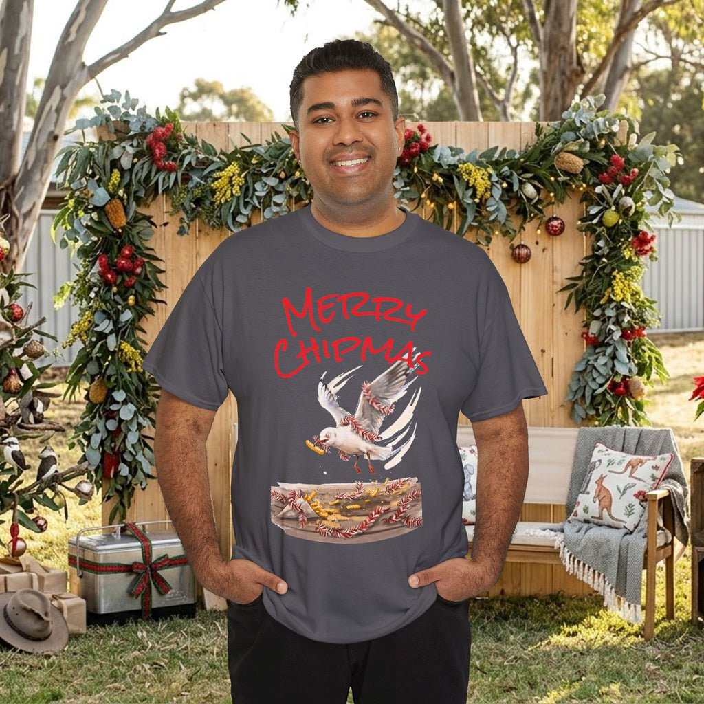 Dark charcoal tee with red “Merry Chipmas” seagull illustration and landscape graphic