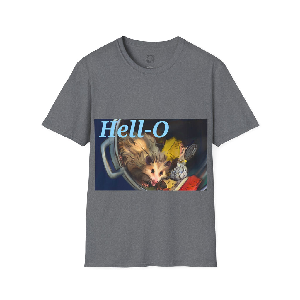 Dark heather gray T-shirt with 'Hell-O' possum graphic on front