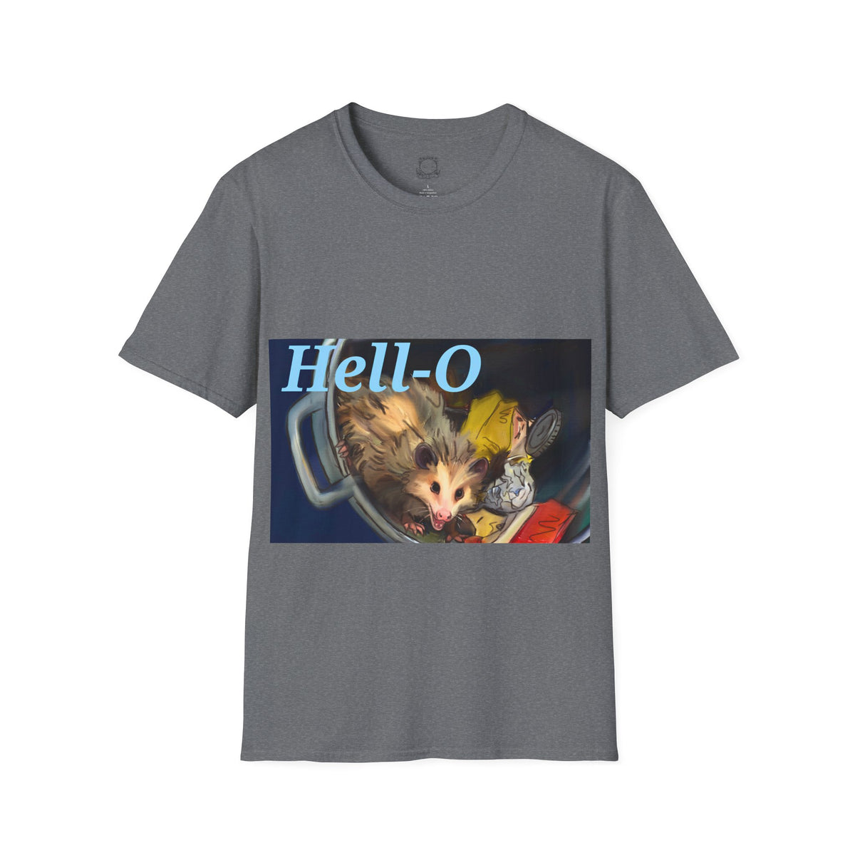 Dark heather gray T-shirt with 'Hell-O' possum graphic on front