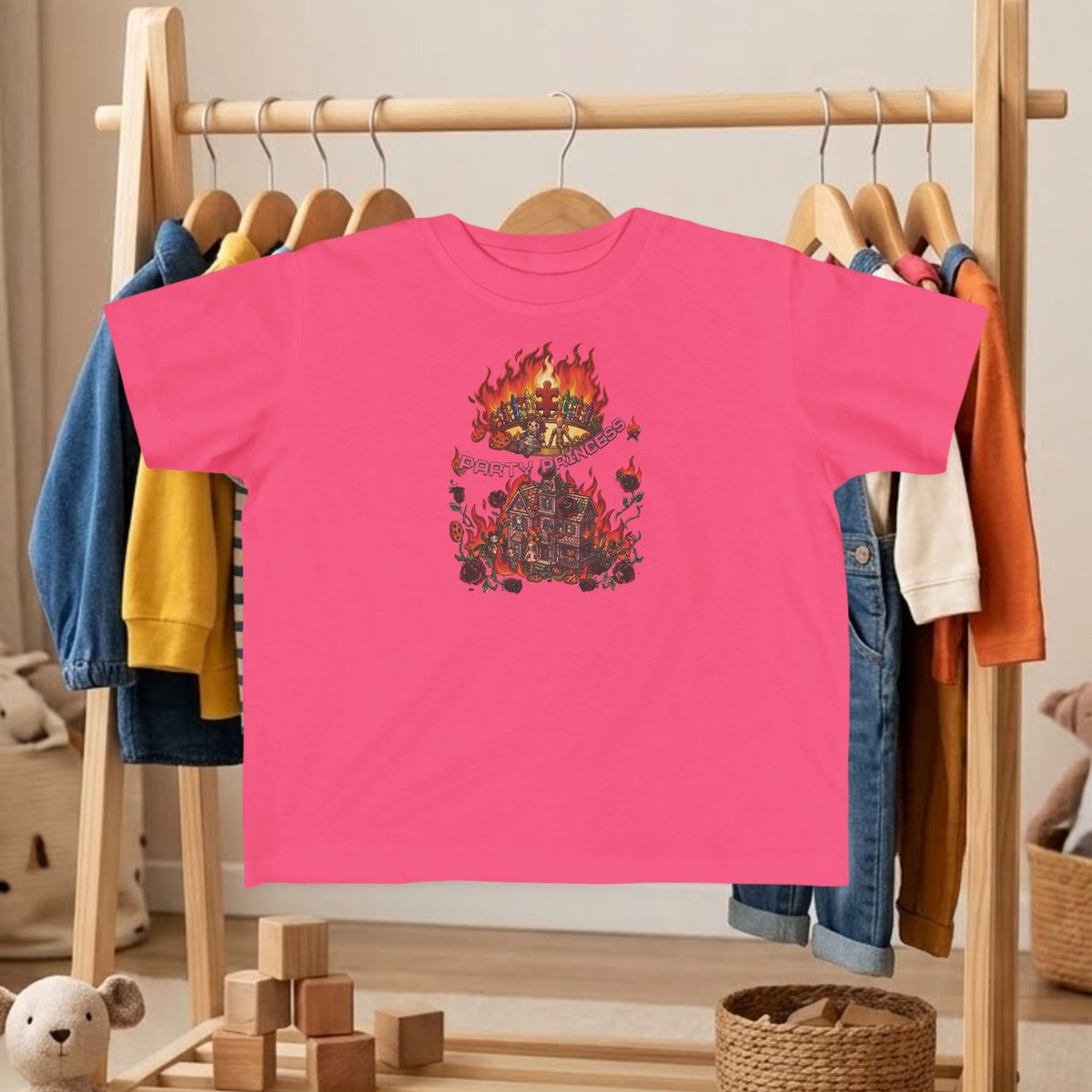 Toddler tee in hot pink with colorful fire graphic centered on the chest