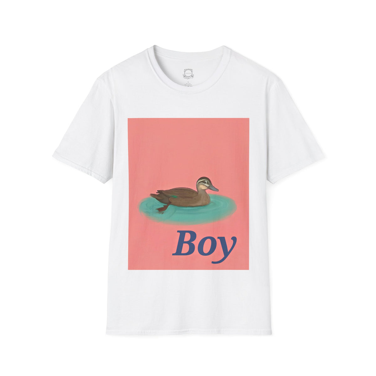 White graphic T-shirt with duck image and "Boy" text on front
