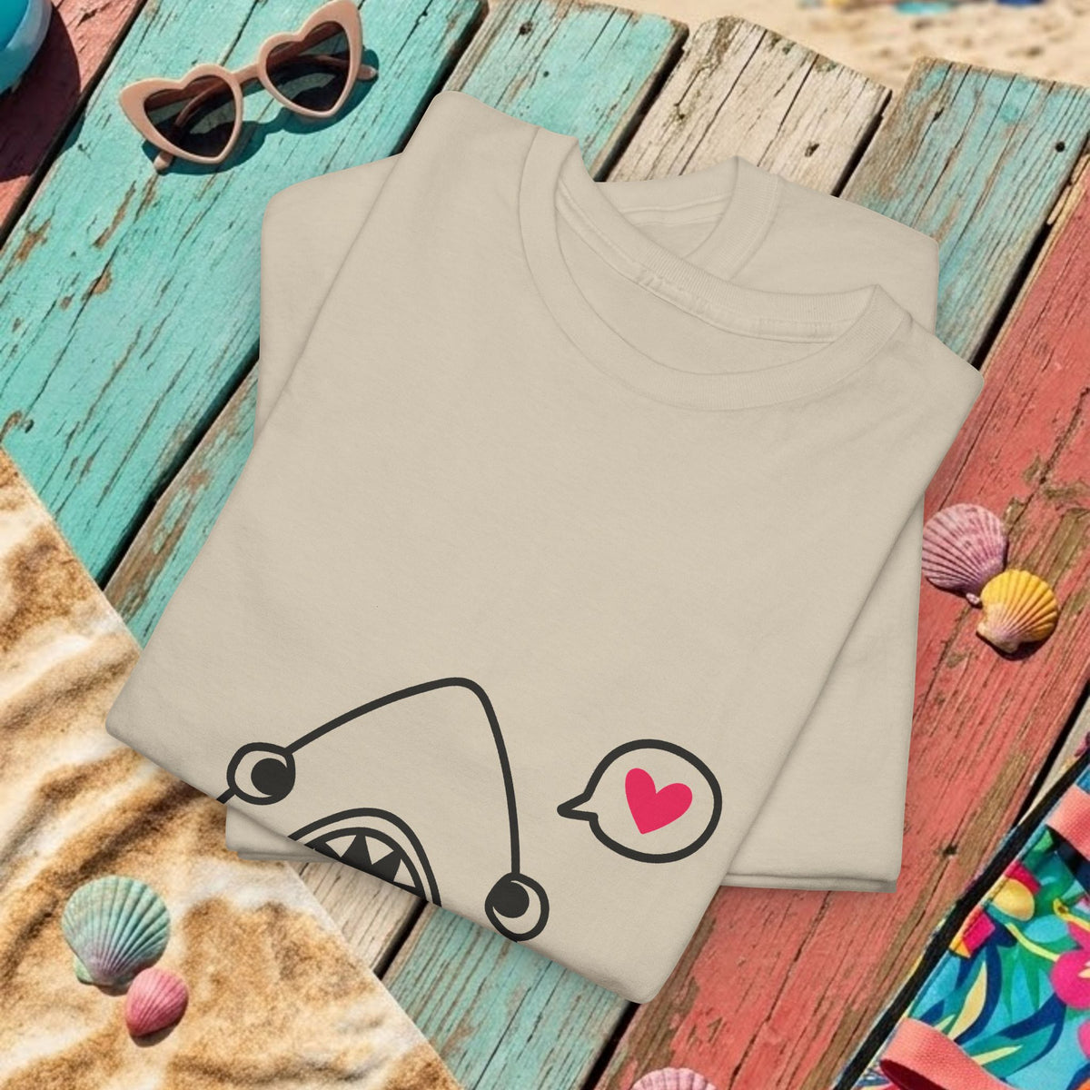 Natural/beige long-sleeve? no, short-sleeve T-shirt closeup with heart and shark outline