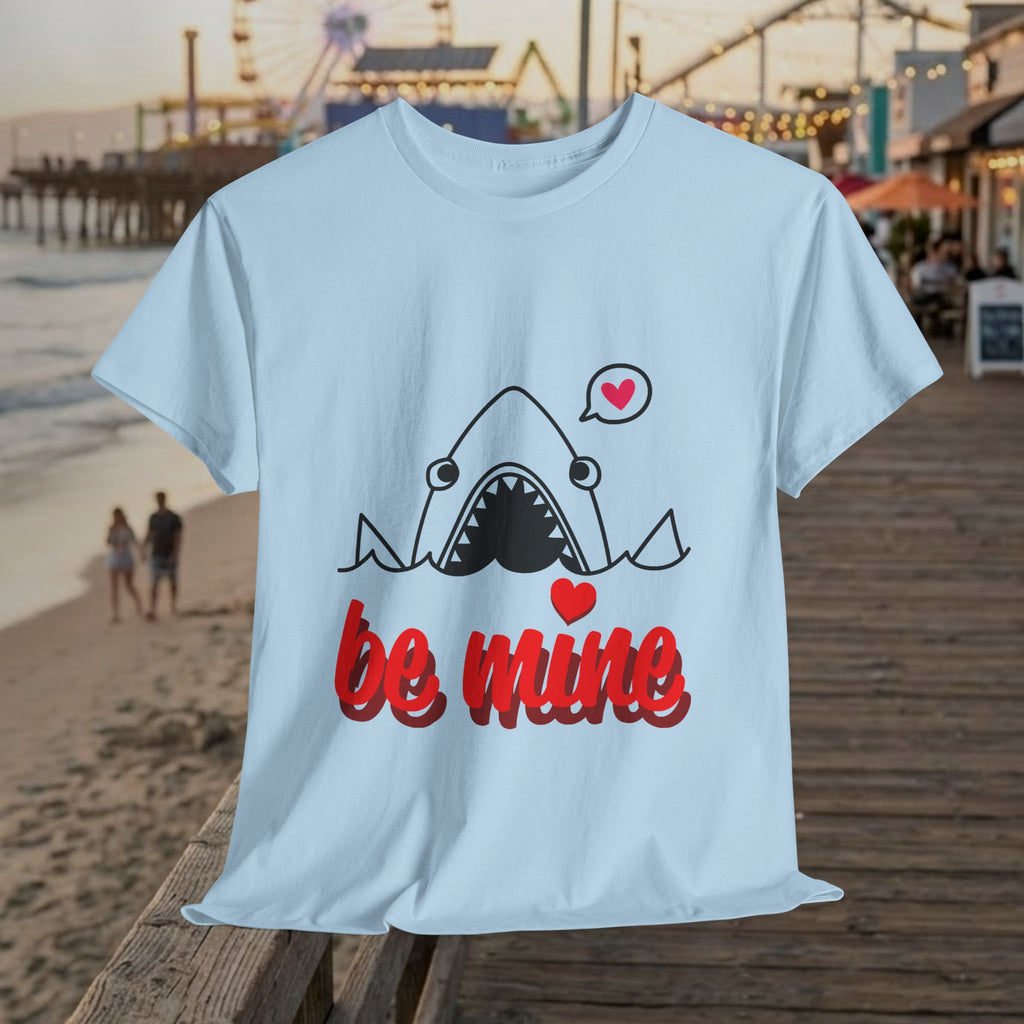 Light blue "be mine" shark graphic T-shirt with red heart details