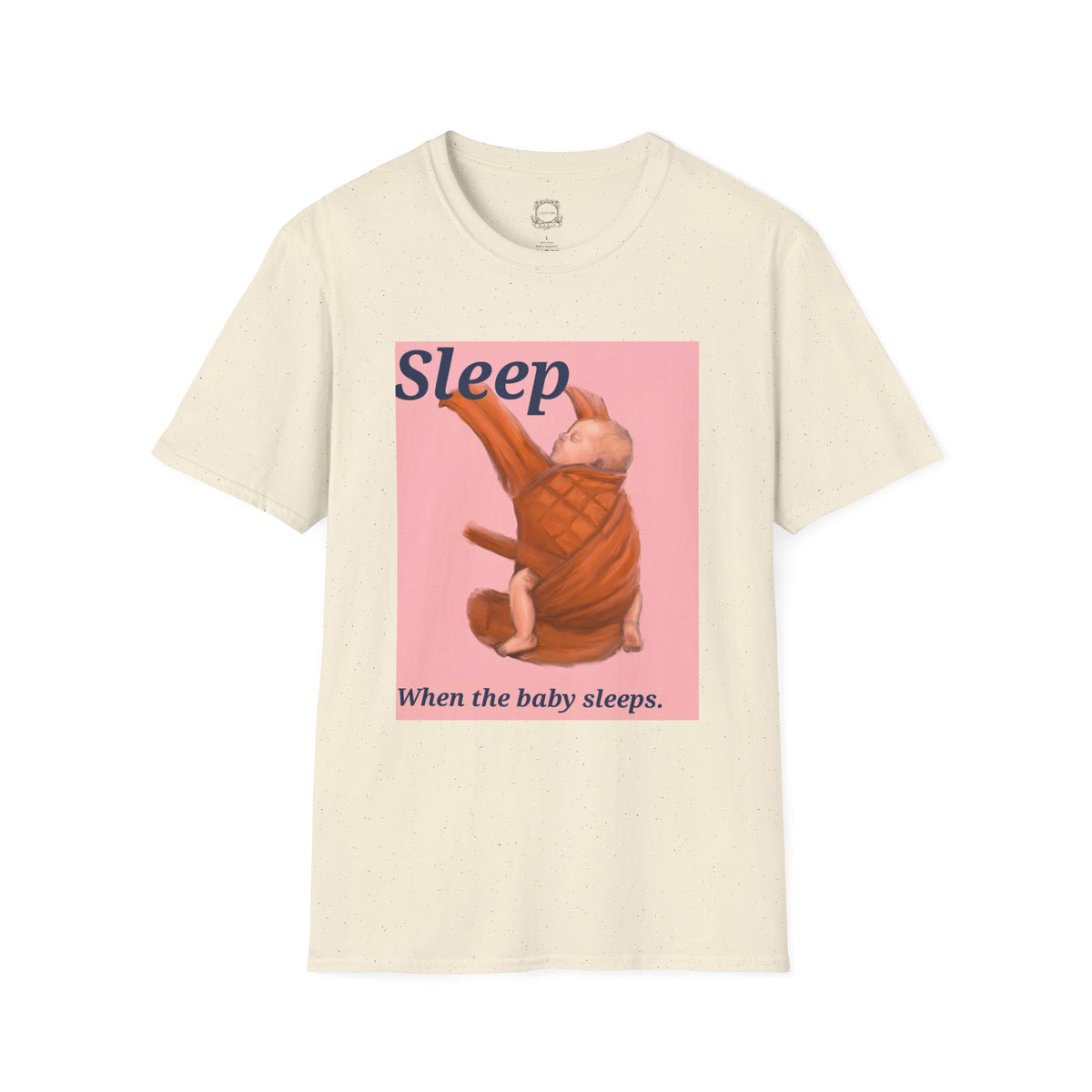 Cream baby graphic t-shirt with 'Sleep' sleeping infant illustration on pink panel
