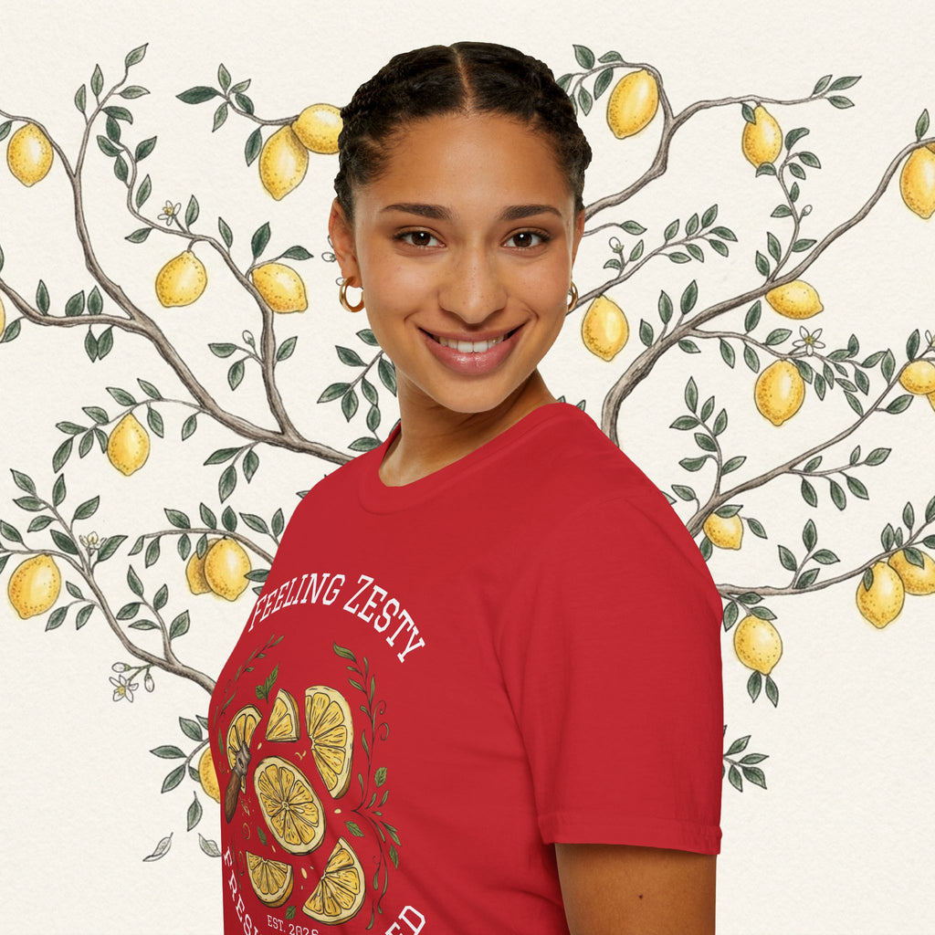 Red graphic lemon slice t-shirt side view on model