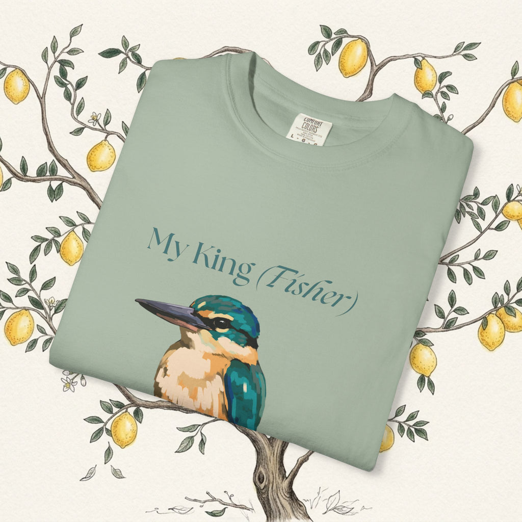 Green crewneck short-sleeve T-shirt with kingfisher graphic on front