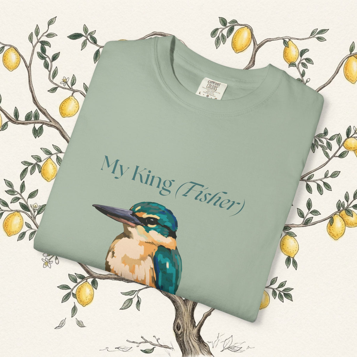 Green crewneck short-sleeve T-shirt with kingfisher graphic on front