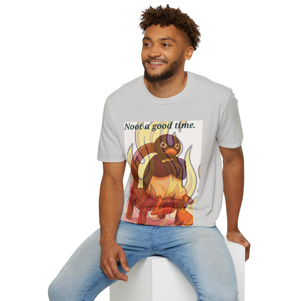 Light grey tee with fiery duck graphic and 'Noot a good time' text on front