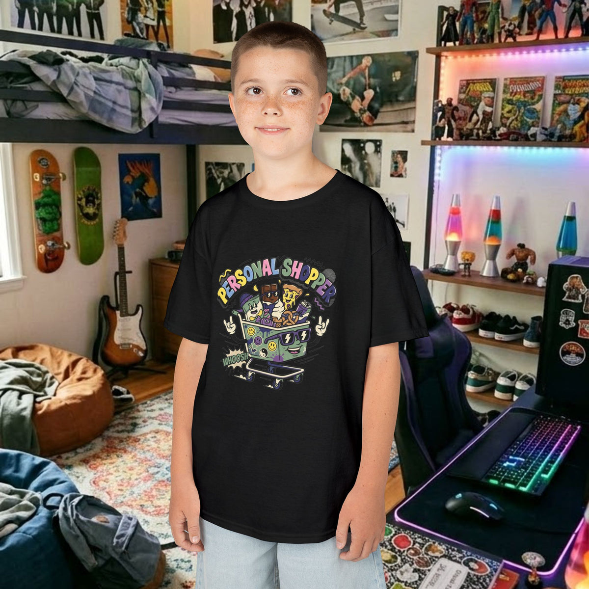 Black kids graphic tee with colorful personal shopper front print