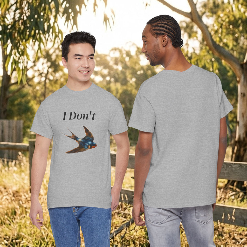 Sport grey graphic T-shirt with “I Don’t” text and bird illustration on the front